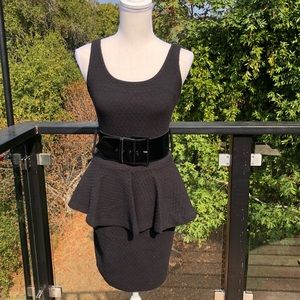 Black peplum stretch jersey dress with belt sz S